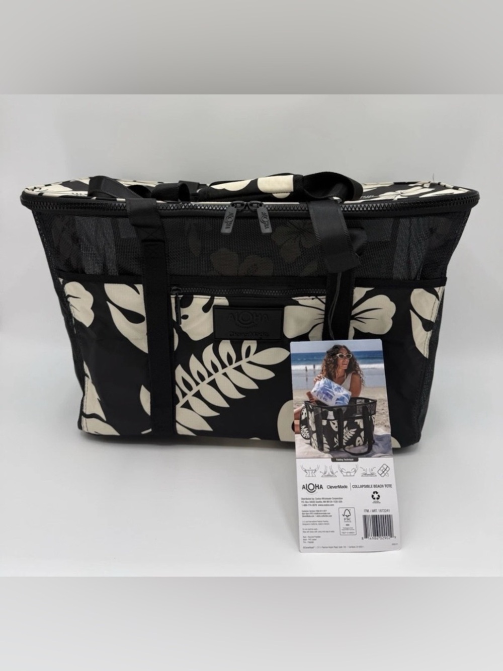 Aloha CleverMade Costco Collapsible Beach Tote Bag Black New travel grocery